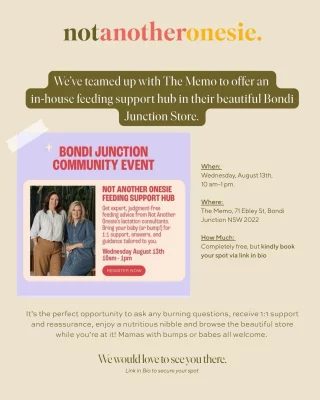 Come and feel supported and held on your feeding journey 💫  We've teamed up with the fabulous crew at @fromthememo to bring you an in-house feeding support hub in their gorgeous Bondi Junction store. August 13th, 10 am - 1 pm.  You can access complimentary feeding support from some of the incredible feeding specialists in the Not Another Onesie village. It’s the perfect opportunity - whether you’re pregnant and wanting to get informed and prepared, in the thick of postpartum, or well into your feeding journey. Ask any burning questions, receive 1:1 support and reassurance, enjoy a nutritious nibble and browse the beautiful store while you’re at it!  We would love to see you there.
Secure your complimentary spot at link 🔗 in bio 🙌  #easternsuburbsmum_syd #easternsuburbssydney #bondimums #sydneymumsandbubs #sydneybaby #motherhood #easternsuburbsmums #newborncare