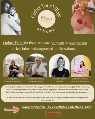 🌟 Early Bird Tickets end Sunday at 6pm 🌟  Motherhood was never meant to be done alone. And yet… so many mums are figuring it out without the support or conversations they actually need.  @notanotheronesie_  Gather Your Village - At Home - a virtual event, is here to change that.  A simple, accessible way to hear the conversations that help you make sense of what you’re going through, physically, emotionally and in your relationships.
Come exactly as you are. Pyjamas, baby in arms, partner beside you, or quietly listening on your own.  No expectations. Just support.  Wednesday 29 April | 7–8pm AEST Join live or watch later  Because these conversations are vital and they help you feel more empowered, supported and validated in what you’re going through.  Link in bio to grab a spot - grab your ticket before early bird pricing ends 🙌  Save this to a mum who needs this 🤍  @samanthagunndoula 
@nomad_chiro 
@fillyourcup_ 
@clairedicarlo_radparents  #postpartumsupportaustralia #matrescence #newmumlifeaustralia #pregnancyaustralia #fourthtrimester